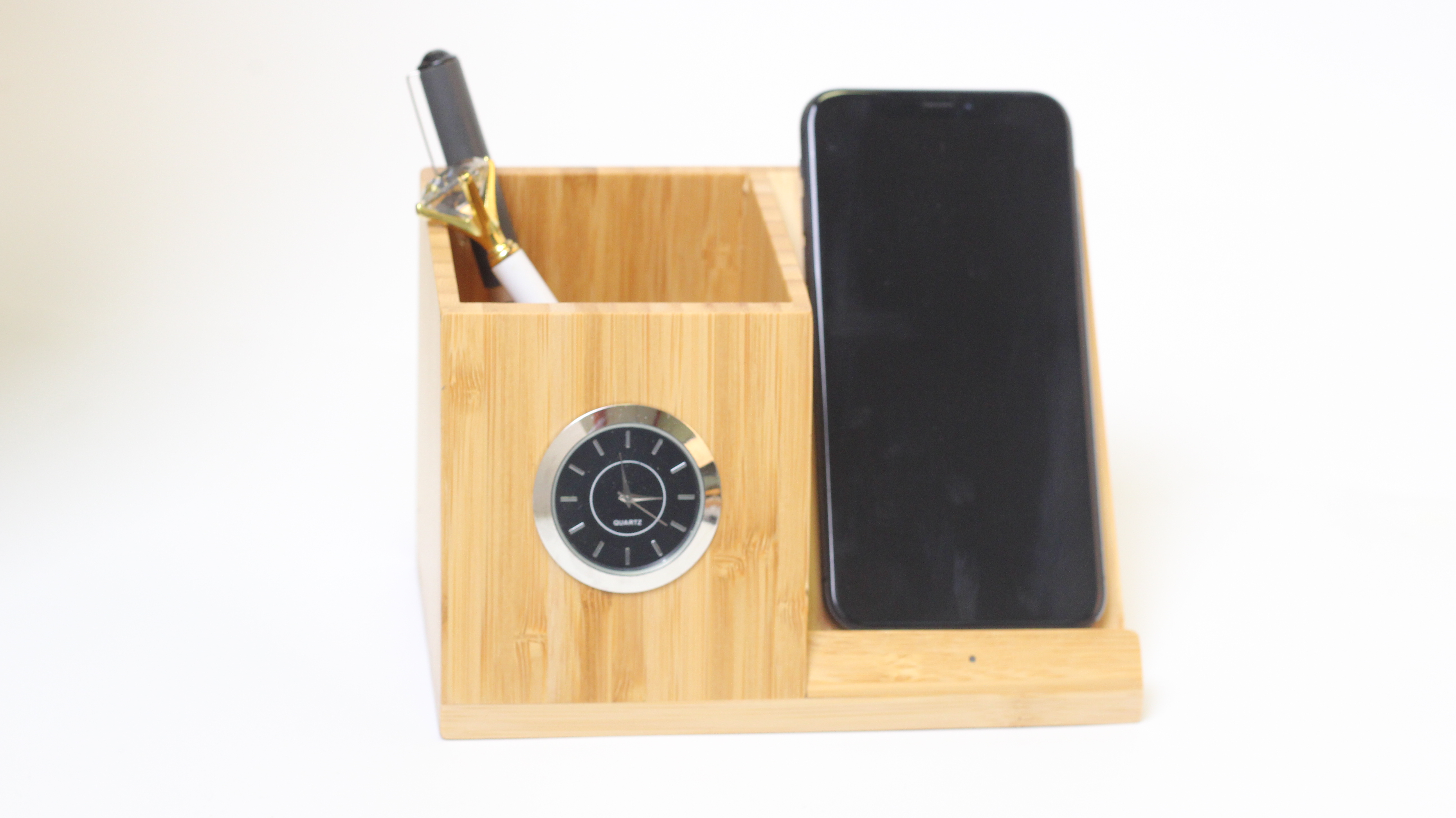 Wireless charging of bamboo and wood clock pen holder