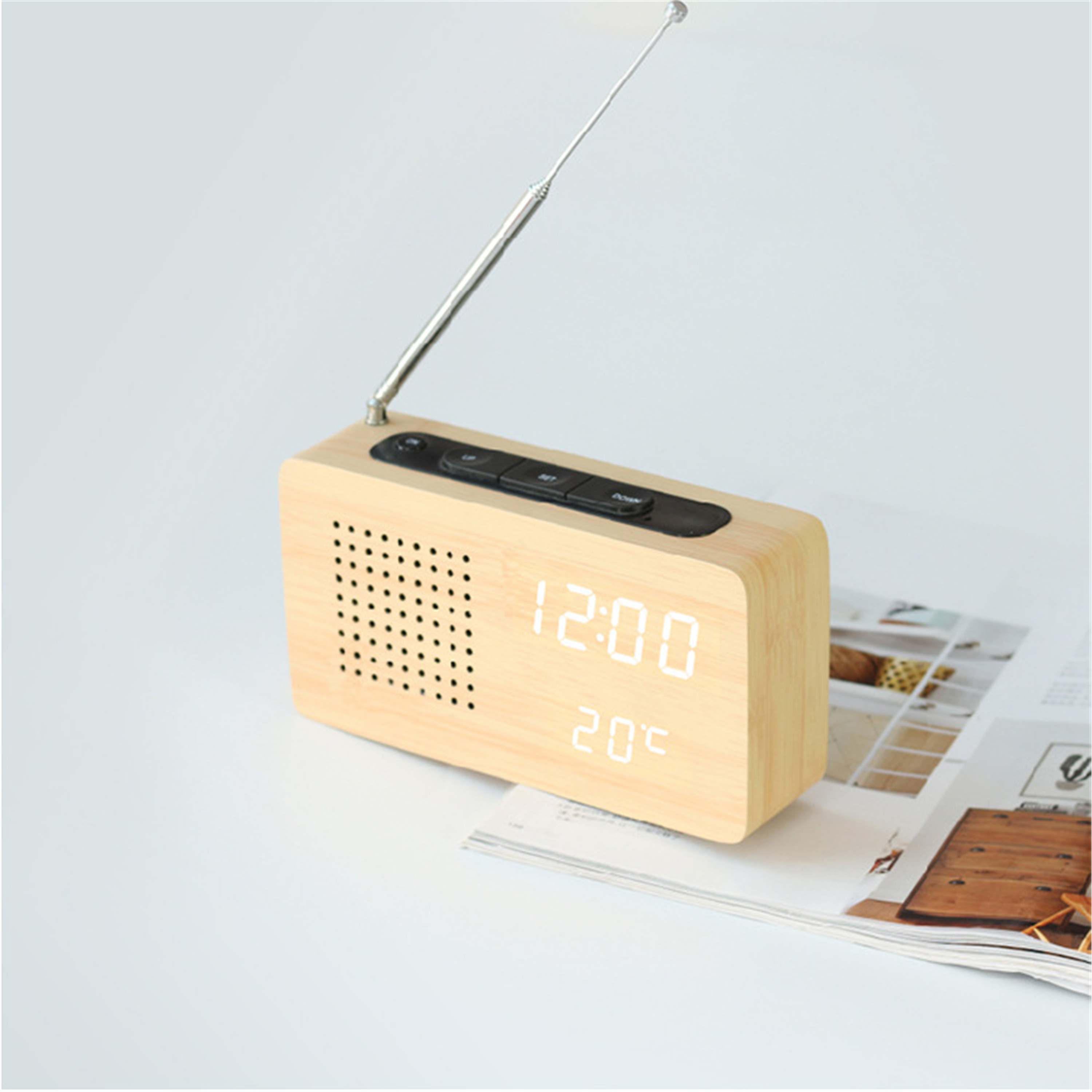 Vintage wood FM radio time temperature acoustic wood clock LED digital radio alarm clock
