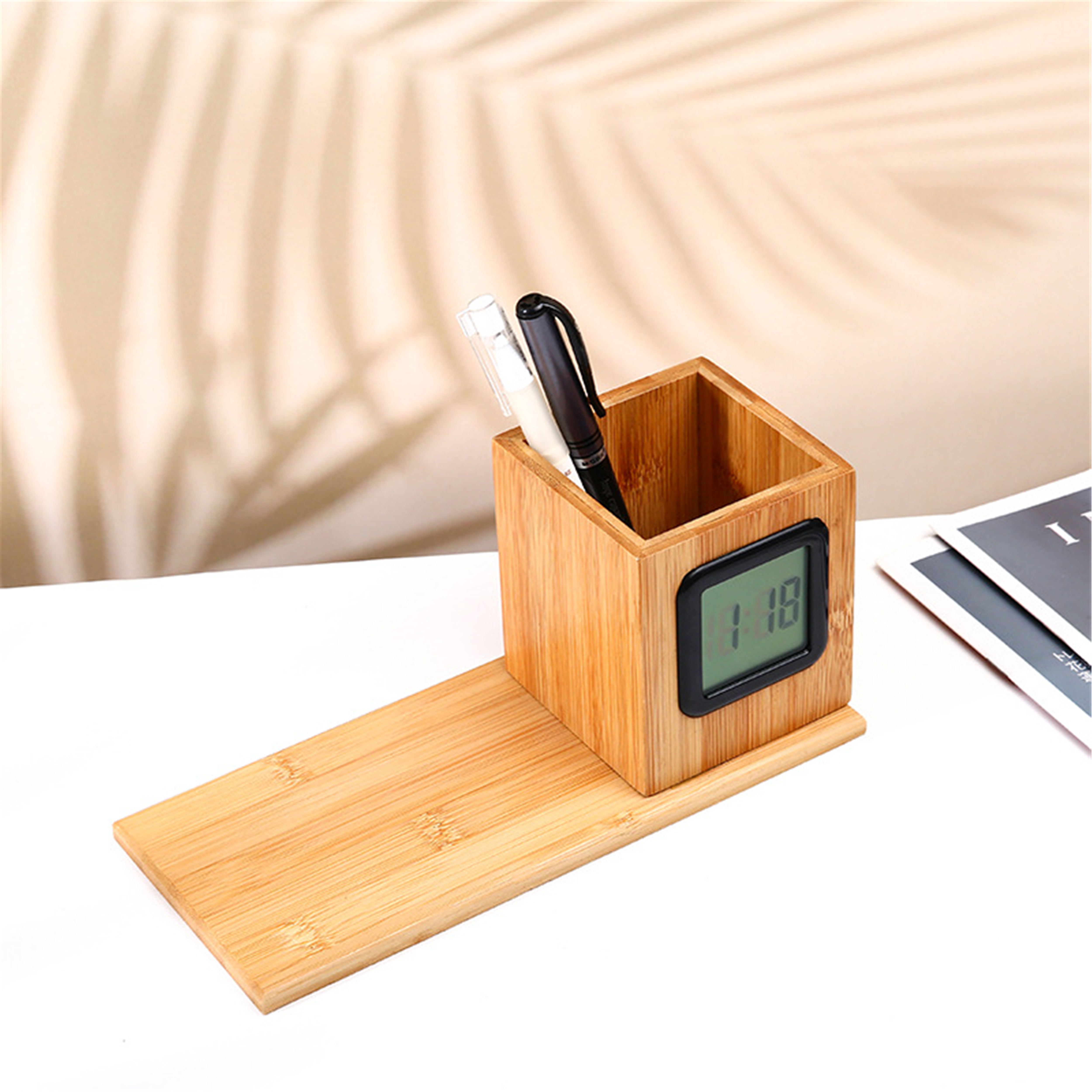 Bamboo and wood pen container clock decoration creativity simple student book desktop wooden digital display pen container storage box clock