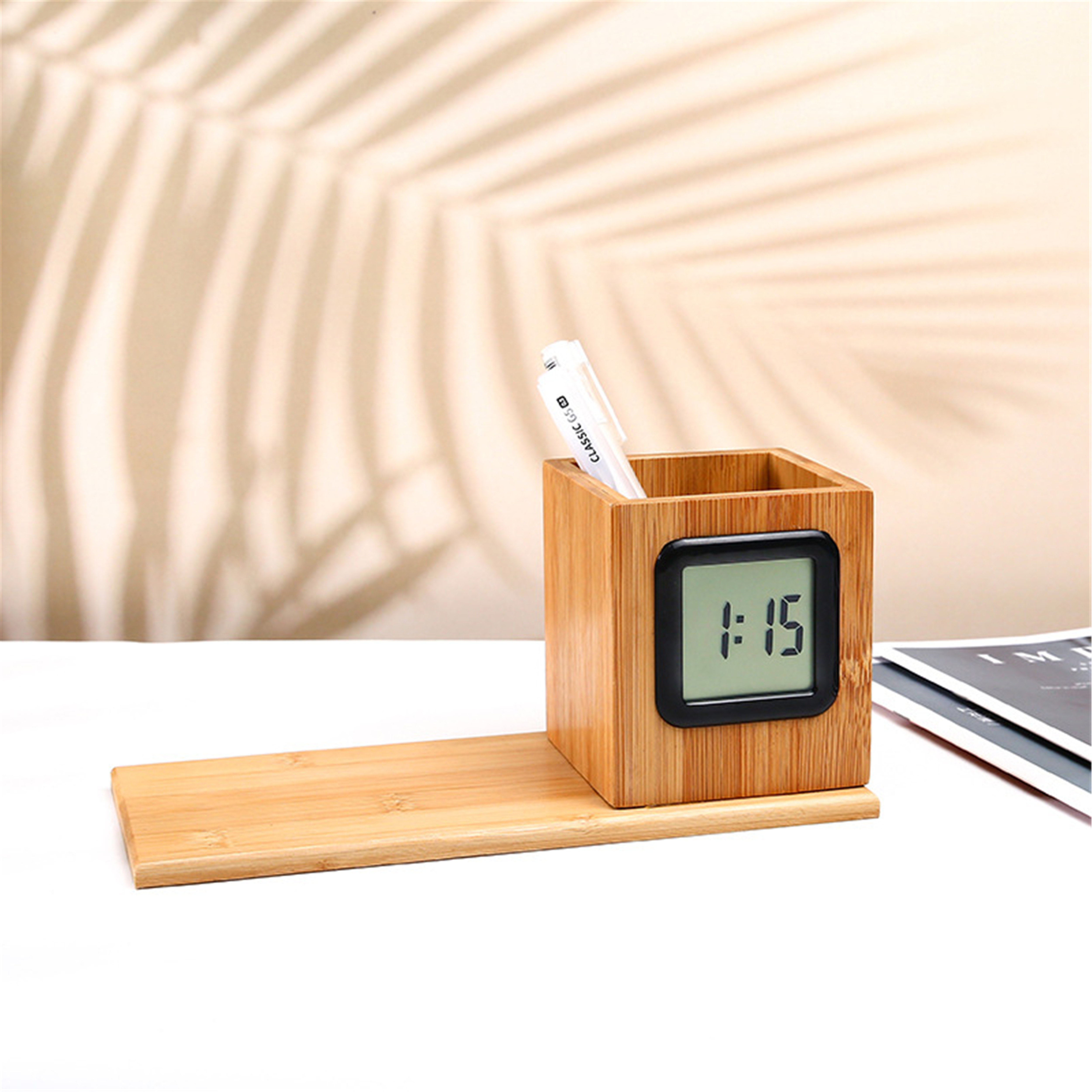 Bamboo and wood pen container clock decoration creativity simple student book desktop wooden digital display pen container storage box clock